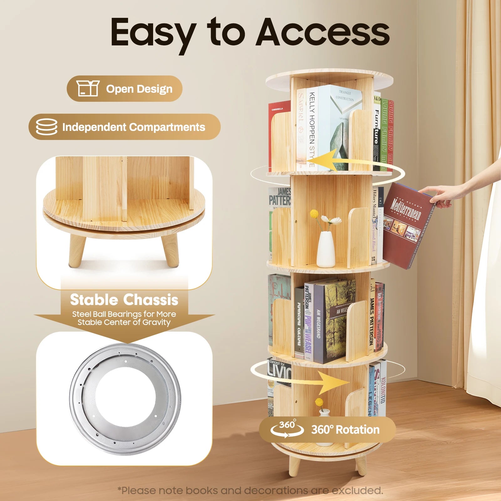 4-Tier Rotating Bookshelf Organizer Modern 360°Rotating Storage Rack Display Holder Stand Floor Standing Bookcase