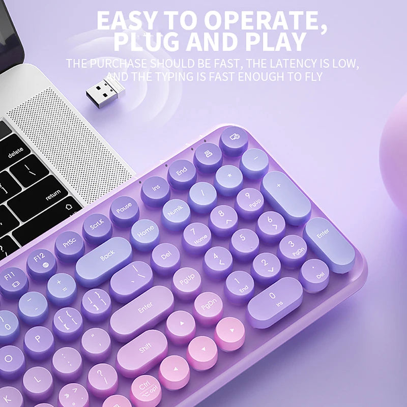Ergonomic 2.4G Wireless Keyboard 106 Keys Retro Round Keycap Keyboard Multimedia Function Keyboard