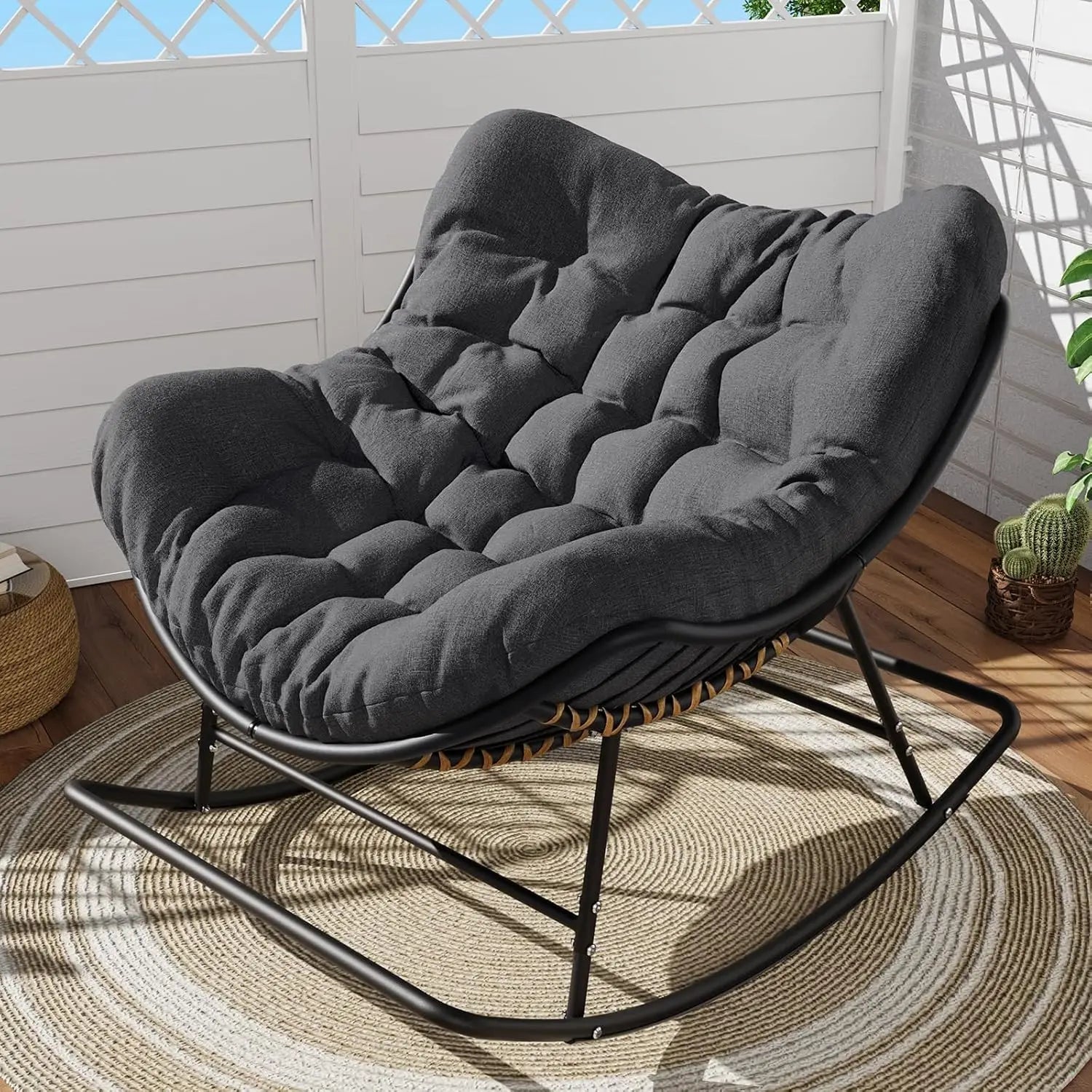 Papasan Rocking Chair Outdoor Indoor Oversized Egg Wicker Rocker with Cushion Supports 450 lbs Patio Chair for Balcony