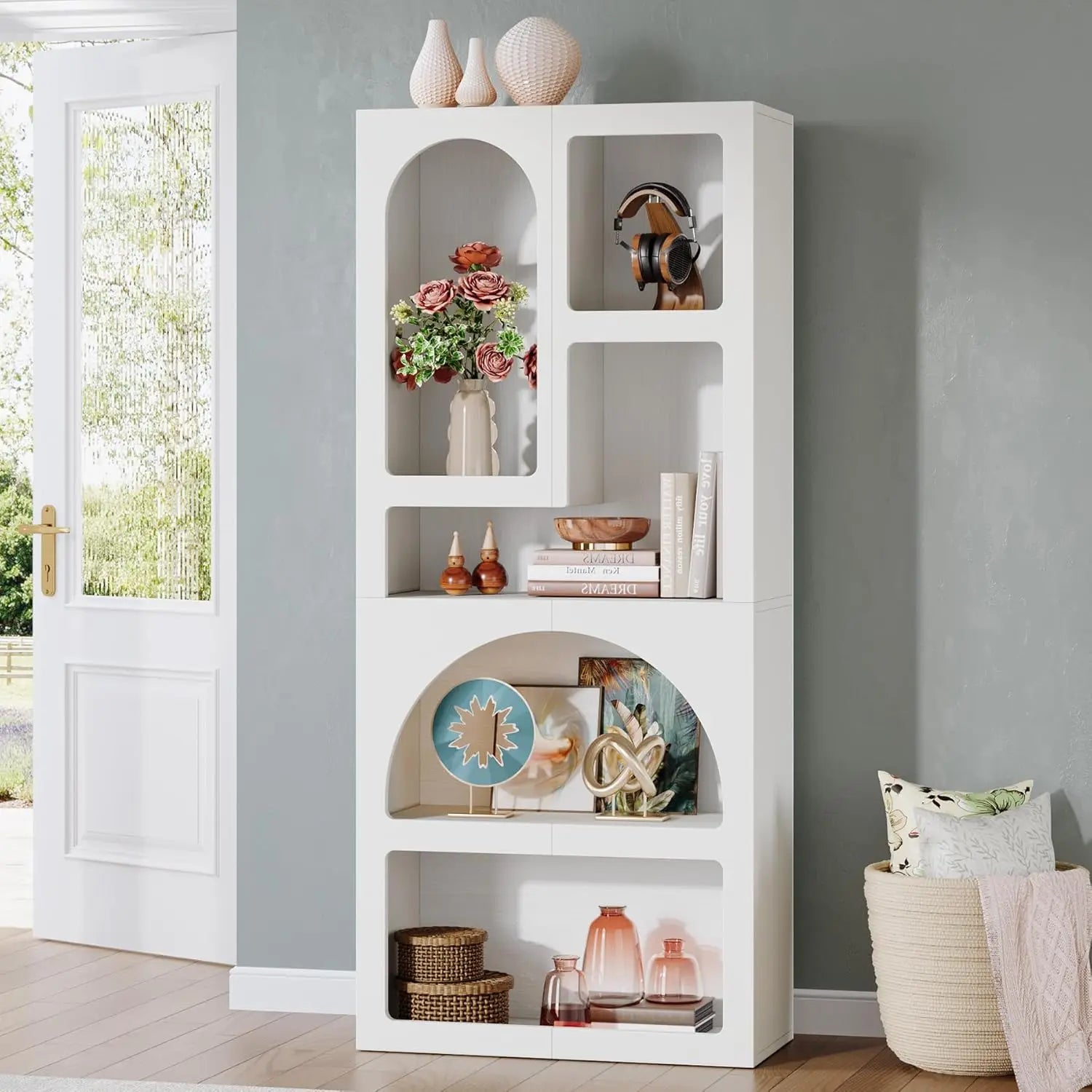 70.87’’ Tall Geometric Bookshelf White Arched Bookcase with 5 Irregular Storage Shelves,Free-Standing for Living Room