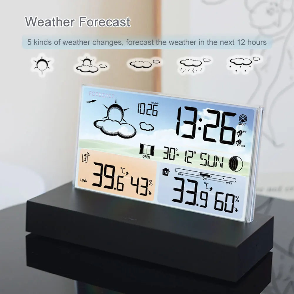 Transparent Glass Weather Clock Wireless Multifunctional Weather forecast Electronic Alarm Clock Black Outdoor Sensors