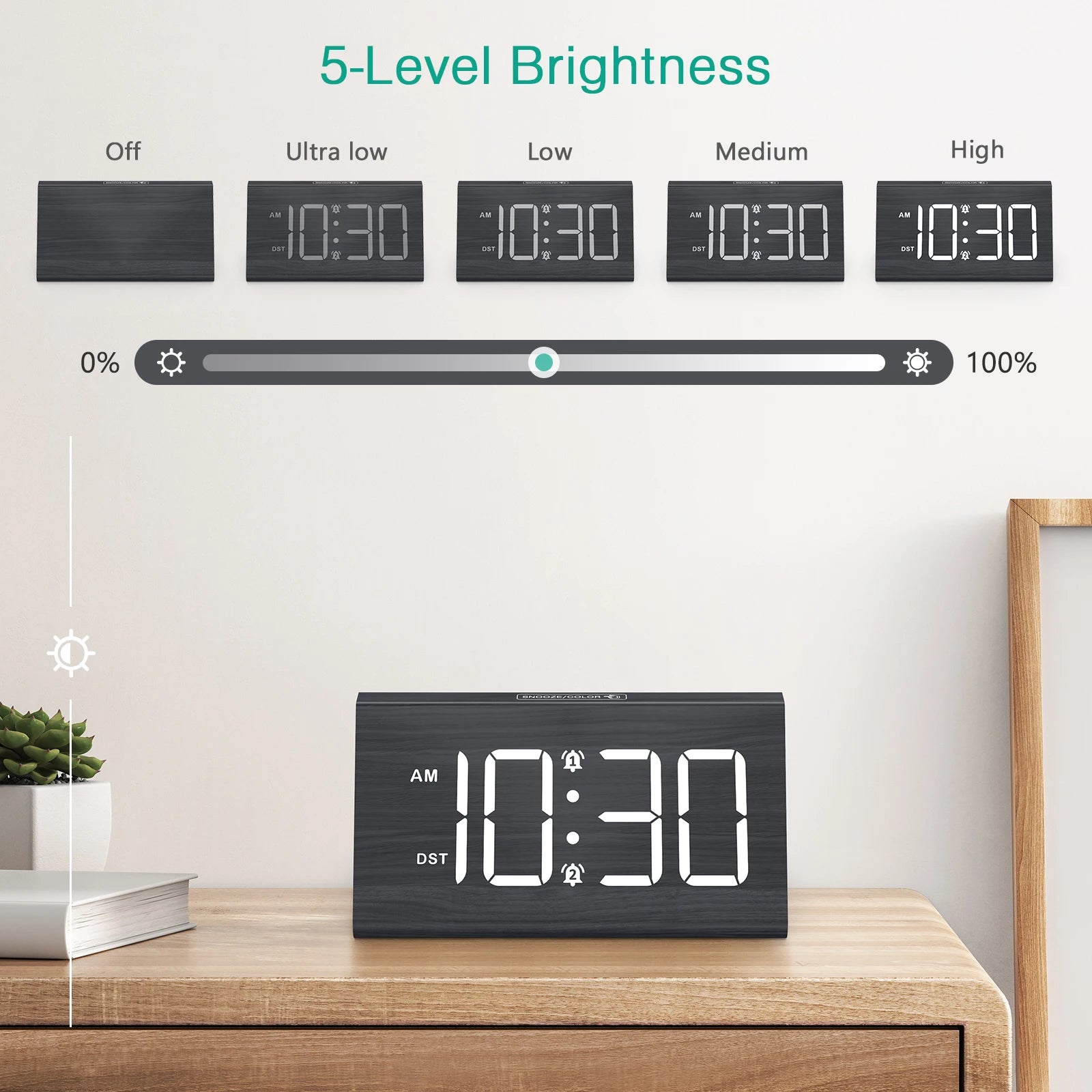 ORIA Wooden Alarm Clock Digital LED Clock Upgrade Desktop Alarm Clock with DST and Colorful Lighting for Bedroom Office