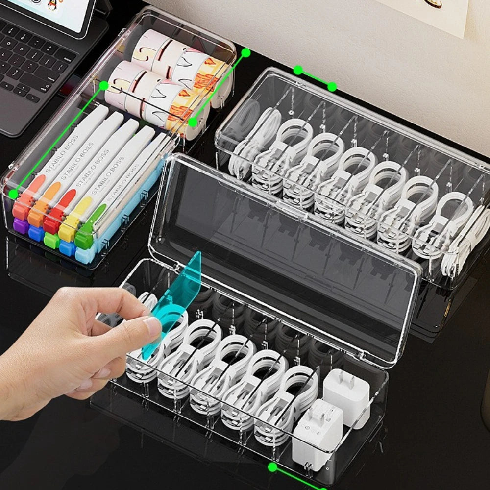 Clear Plastic Cable Organizer Boxes Desk Accessories Storage Case for Drawer Office Supply Electronic Management