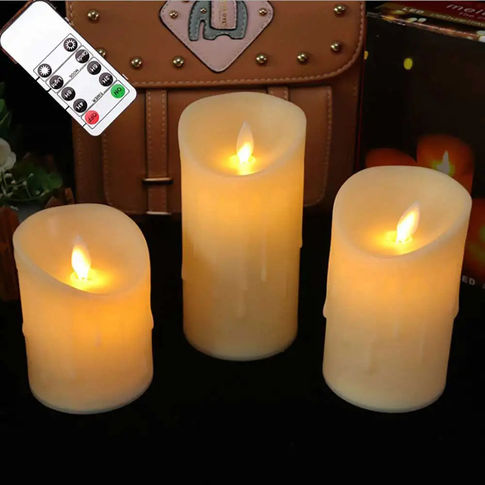 Pack of 3 Remote Control Moving Wick LED Decorative Candles Battery Dancing Wedding Pillar Candles With Realistic Flame