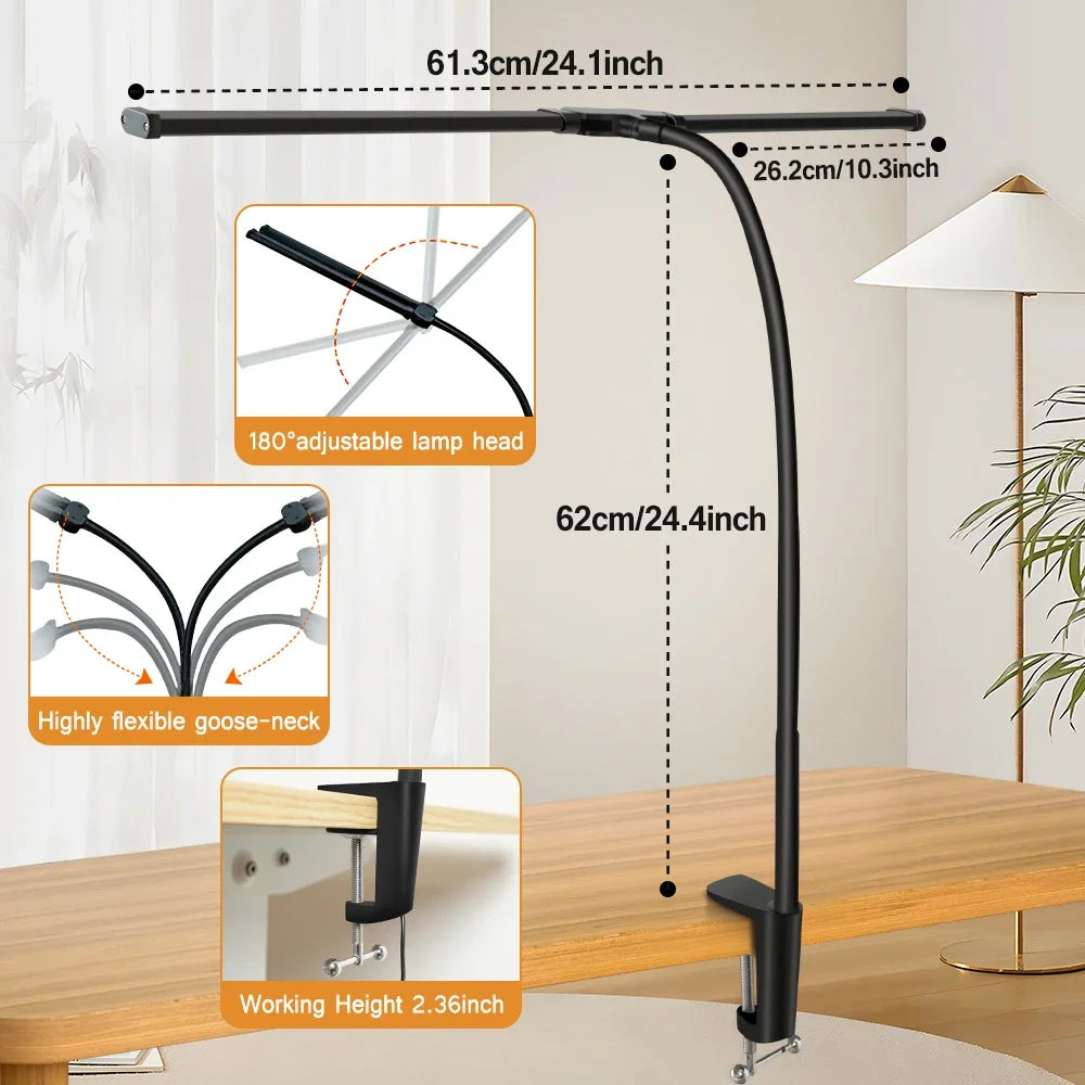 B LED Double/Single Head Reading Desk Lamp Foldable Swing Arm Table Lamp with Clip Dimmable Workstation Office PC Eye