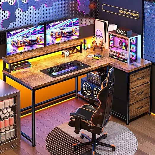 L Shaped Gaming Desk with LED Lights & Power Outlet 48Inch Corner Computer Desk with Drawers Reversible Office Desk