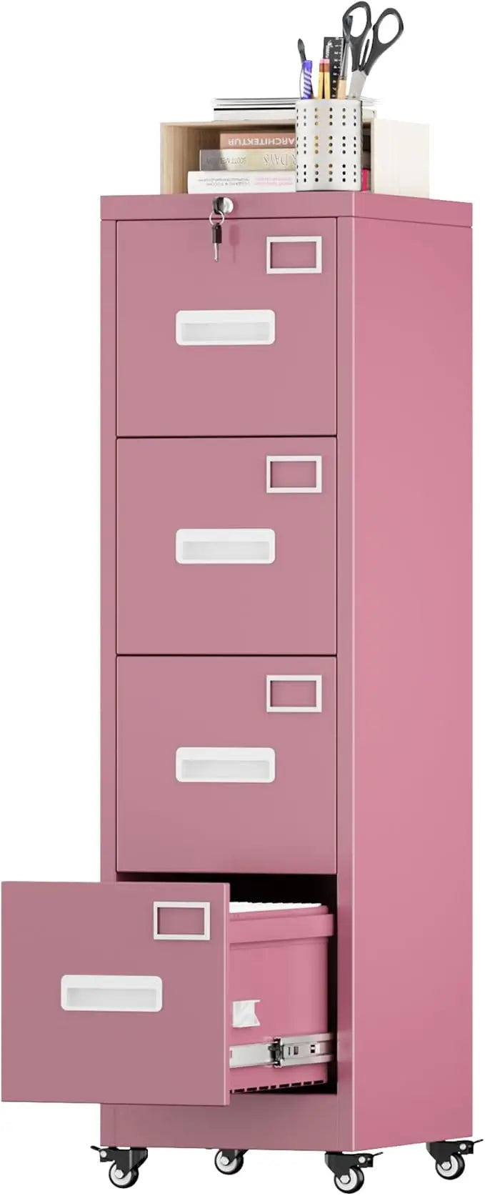 File Cabinet 4 Drawer with Wheels Lockable Office Metal Filing Cabinet with Name Card Mobile Storage Cabinet w/Smooth