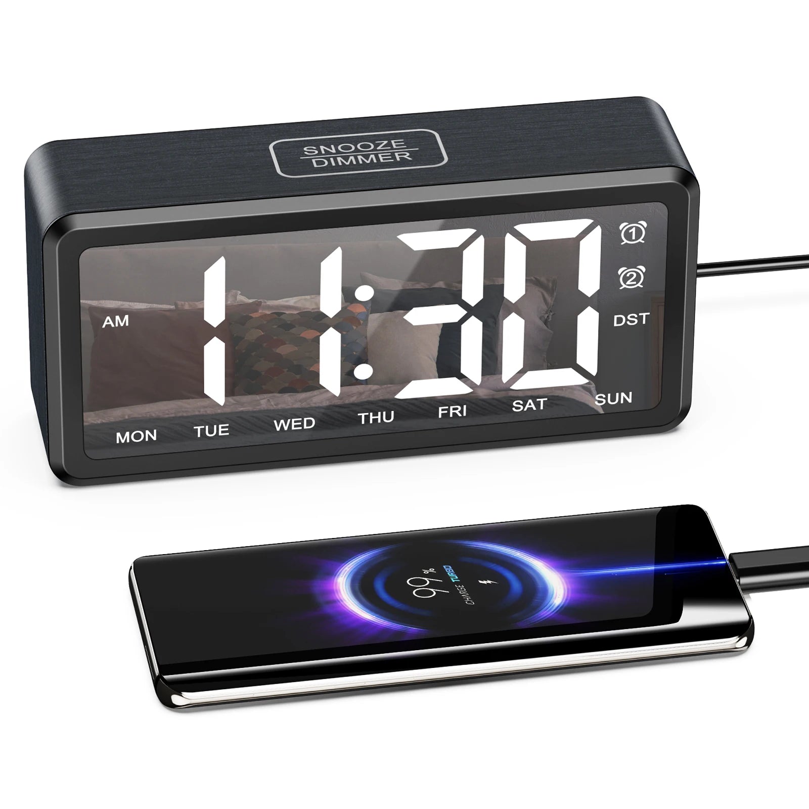 ORIA Wooden Grain Alarm Clock Digital LED Clock with Dual Alarm Desktop Alarm Clock with DST 12/24H Snooze for Home