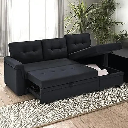Modern 86 L-Shaped Sectional Sofa with Reversible Chaise Storage and Pull-Out Sleeper Bed for Living Rooms