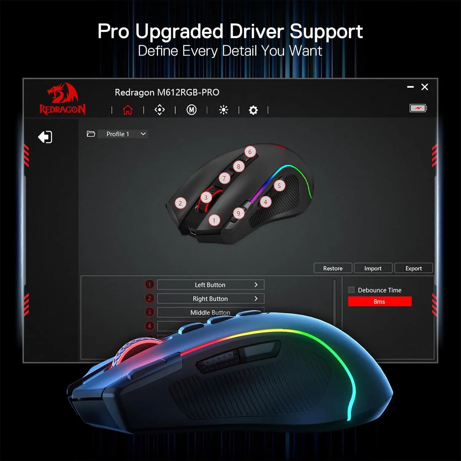 Redragon M612 PRO BT & 2.4RGB Gaming Mouse 8000 DPI Wired/Wireless Optical Gamer Mice 11 Programmable Buttons & 6
