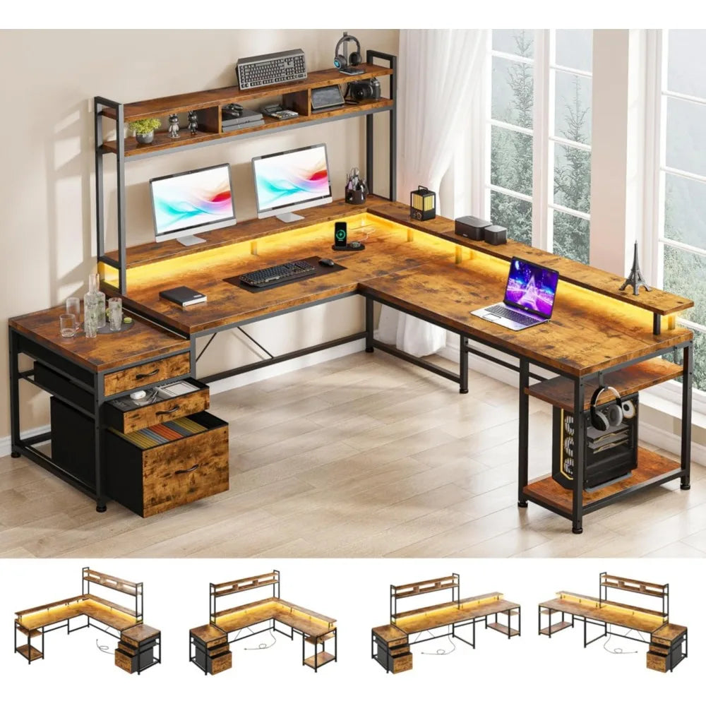 Two-Person L-Shaped Desk with Hutch Monitor Shelf and Storage Drawers
