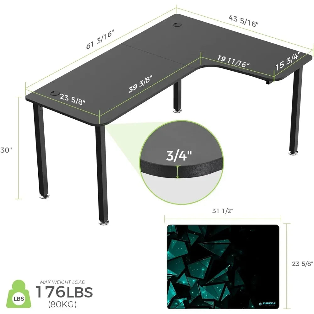 60 Inch Black Corner L Shaped Computer Desk Home Office Gaming Study Work Writing Table Long Large Sturdy Workstation