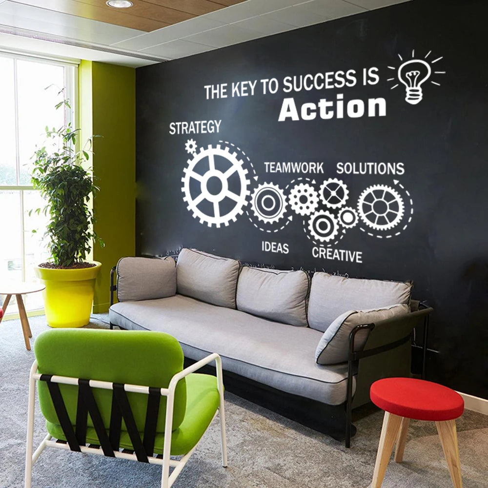 teamwork-gears-office-inspire-quote-wall-sticker-the-key-to-success-is-action-ideas-motivational-quote-wall-decal-vinyl-home