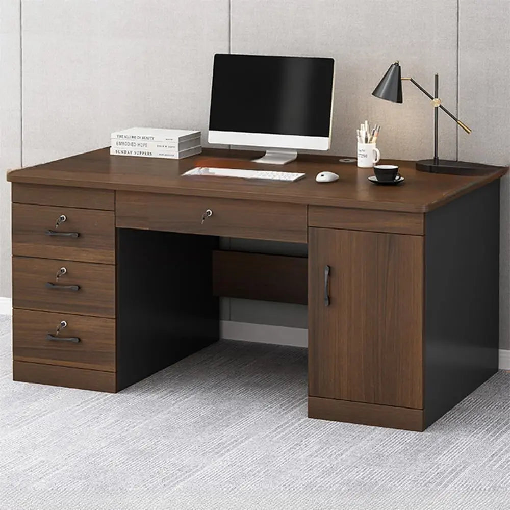 Office Computer Desk with 3 Locking Drawer Cord Management Simple Writing Desk 55’’ L x 23.5’’ W x 29’’ H Dark Walnut B