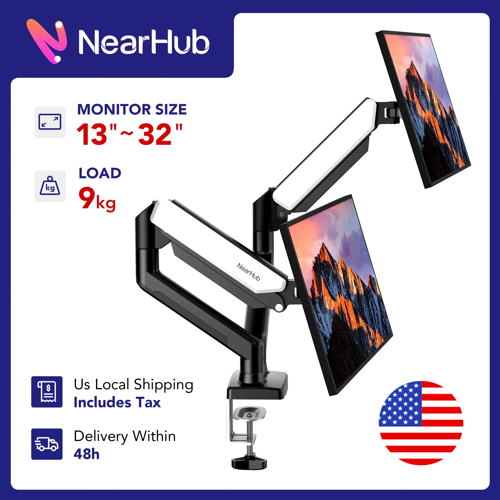 nearhub-13-32-inch-dual-arm-monitor-stand-desk-computer-with-c-clamp-grommet-mount-effortless-installation-dual-monitor-mount