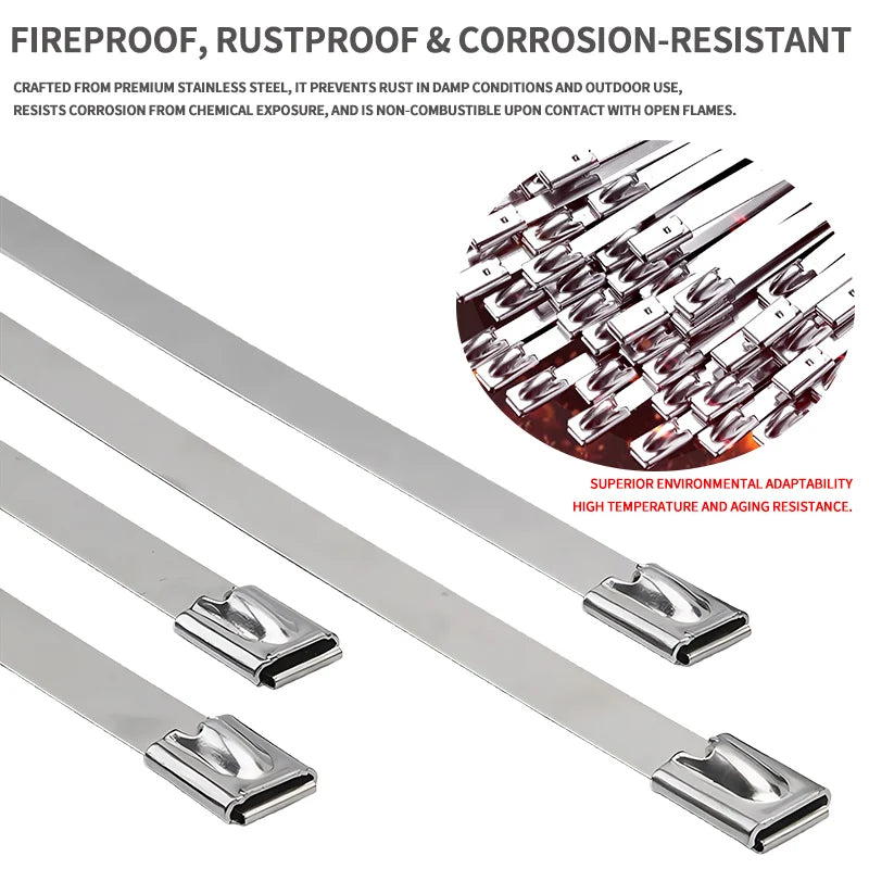 50Pcs 304 Stainless Steel Cable Ties Self-Locking Anti-Rust Metal Zip Ties for Electrical Wiring Harness Heavy Duty