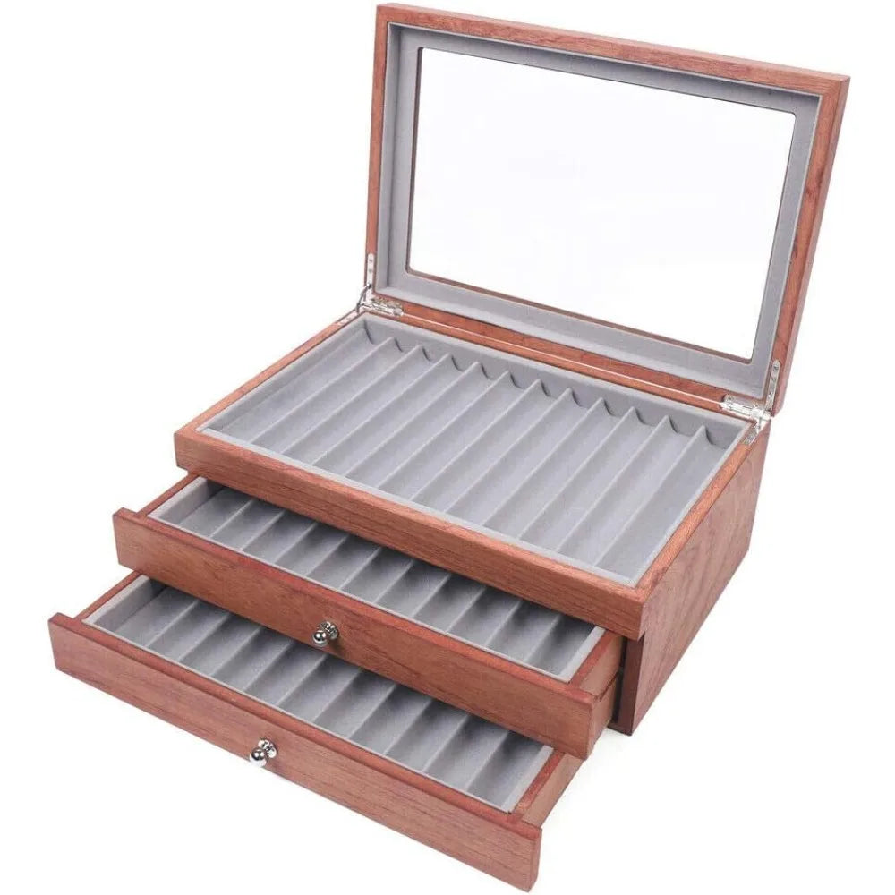 34 Slots Wood Fountain Pen Display Case & Transparent Top Lid Rosewood Box Holder Storage Organizer for Christmas Gift