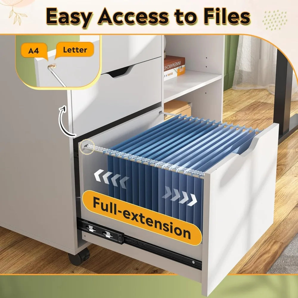 3-Drawer Wood File Cabinet Mobile Lateral Filing Cabinet Printer Stand with Open Storage Shelves for Home Office White