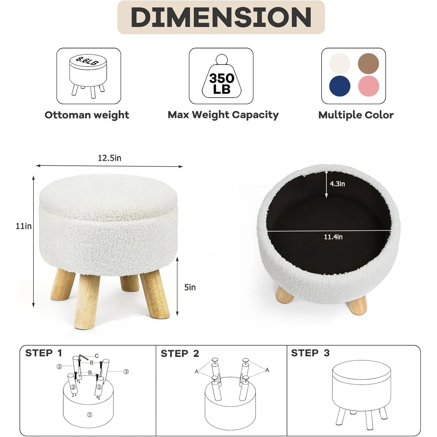 Nordic Boucle Ottoman Footstool with Storage | Round Velvet Pouf with Wooden Legs for Living Room Sofa Camel