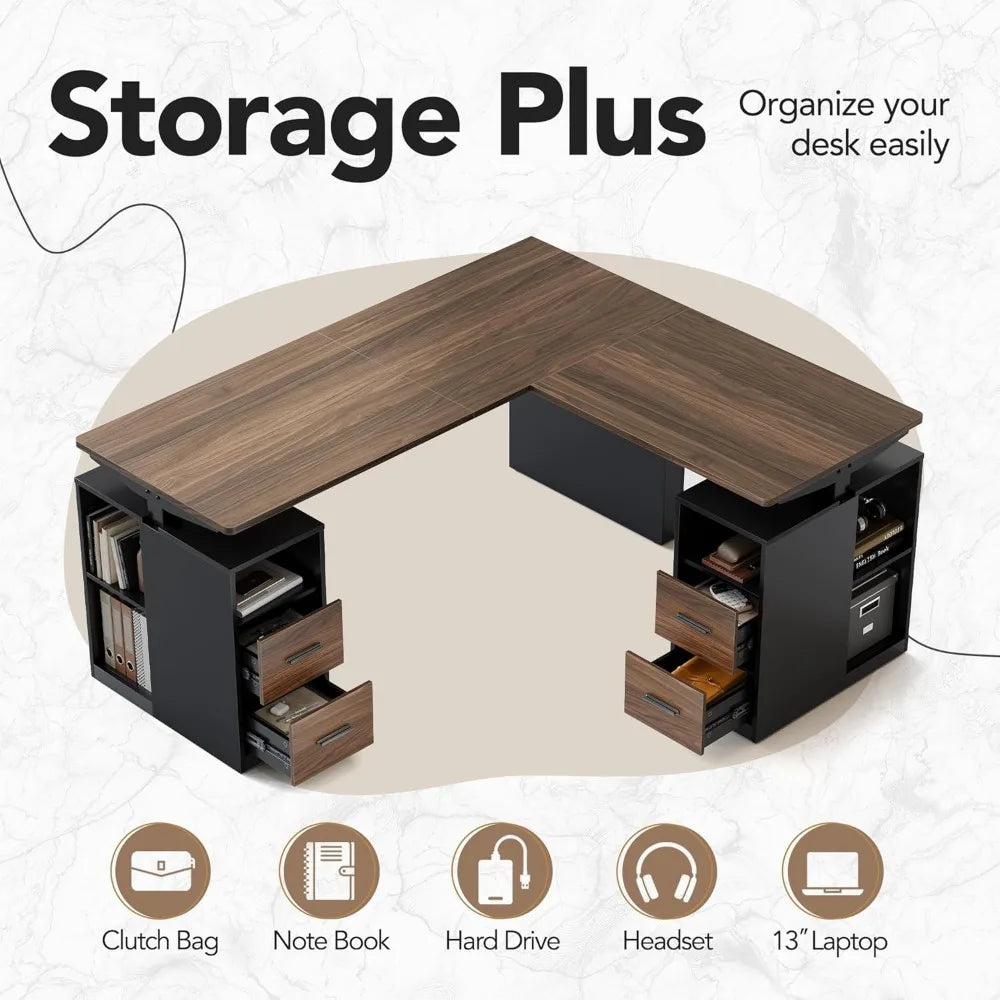 63 Inch L Shaped Standing Desk Electric Executive Height Adjustable Desk with Storage Drawers Computer Workstation