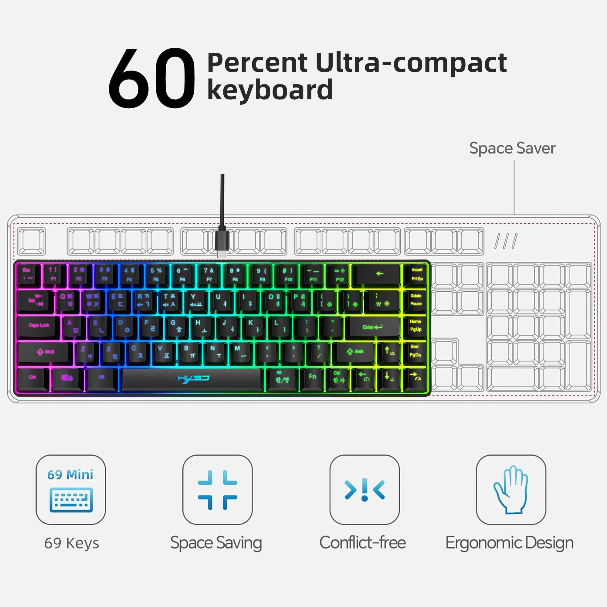 Portable HXSJ V200 68-key Korean gaming Keyboard 65% RGB Backlit Wired office membrane Keyboard for Desktop PC
