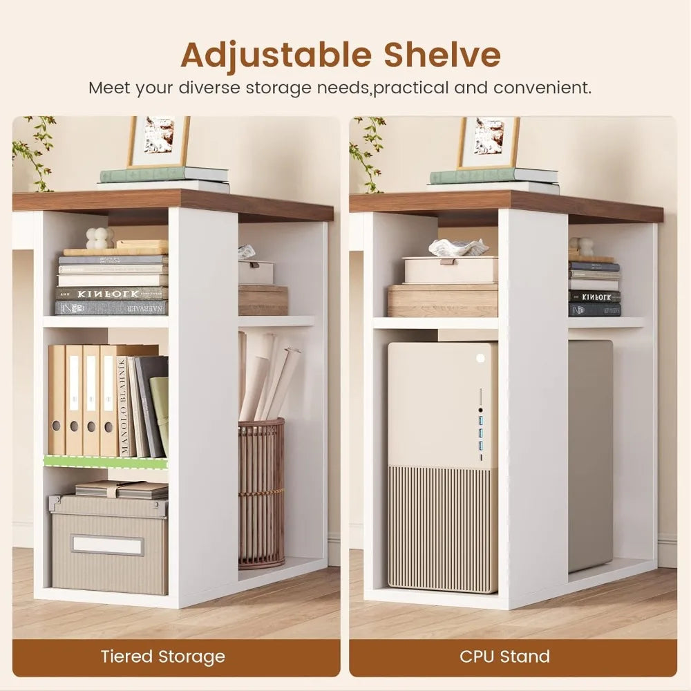 55.1’’ Farmhouse Office Desk with 3 Drawers Executive Desk with File Drawer & Storage Shelves Computer Desk with Power