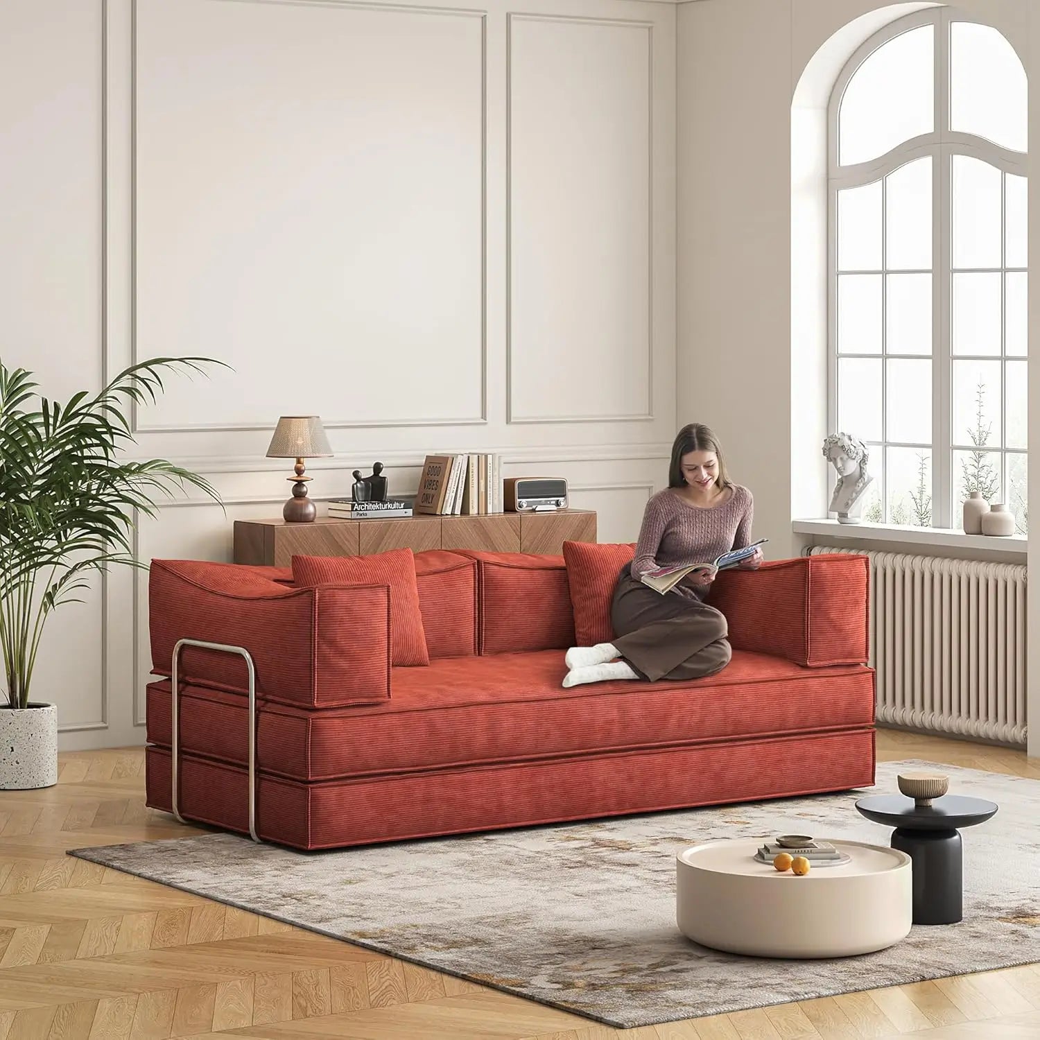 79’’ Convertible Sofa Bed with Pillows Corduroy Folding Sleeper Sofa with Fixed-Shape Frame Boneless Couch for Living