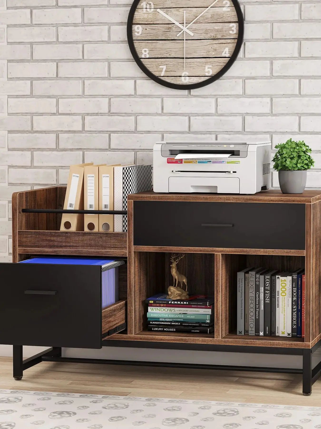 Tribesigns Rustic Brown 39 inch File Cabinet with 2 Drawers Lateral Filing Cabinets Printer Stand with Open Storage