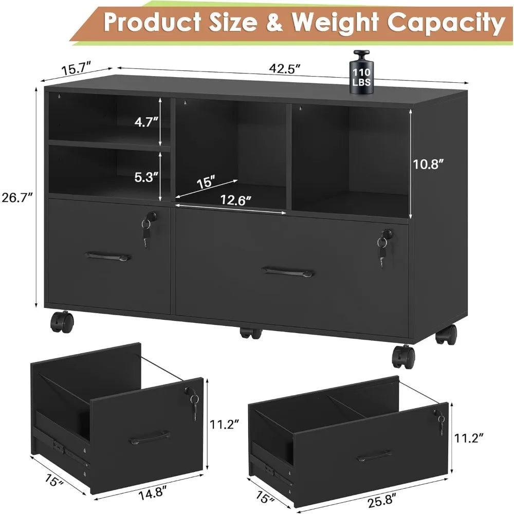 Wood Lateral File Cabinet with Lock,Lockable Rolling Filing Cabinet with Adjustable Storage Shelves,Printer Stand