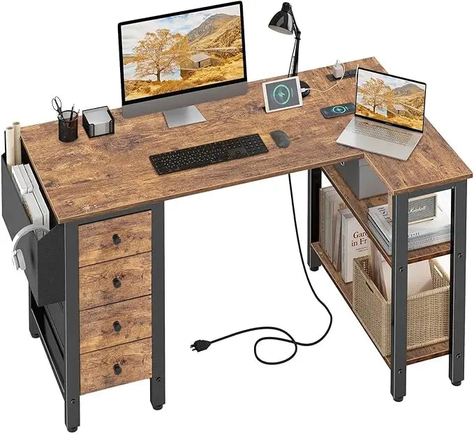 L Shaped Computer Desk with Drawers & Storage Shelves 55 Inch Corner Desk with Power Outlet for Home Office Bedroom