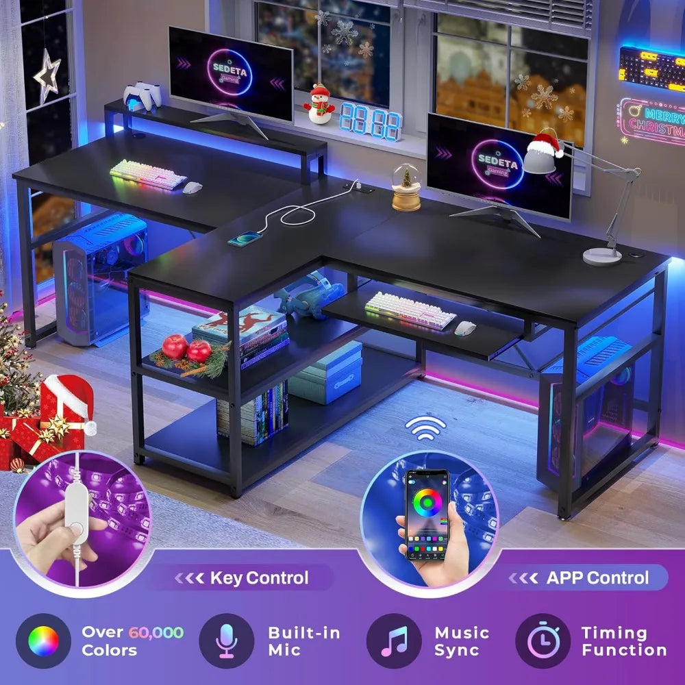 Two-Person Gaming Desk with Storage LED Lights Keyboard Tray Power Strip USB Ports Monitor Stand Ergonomic Design