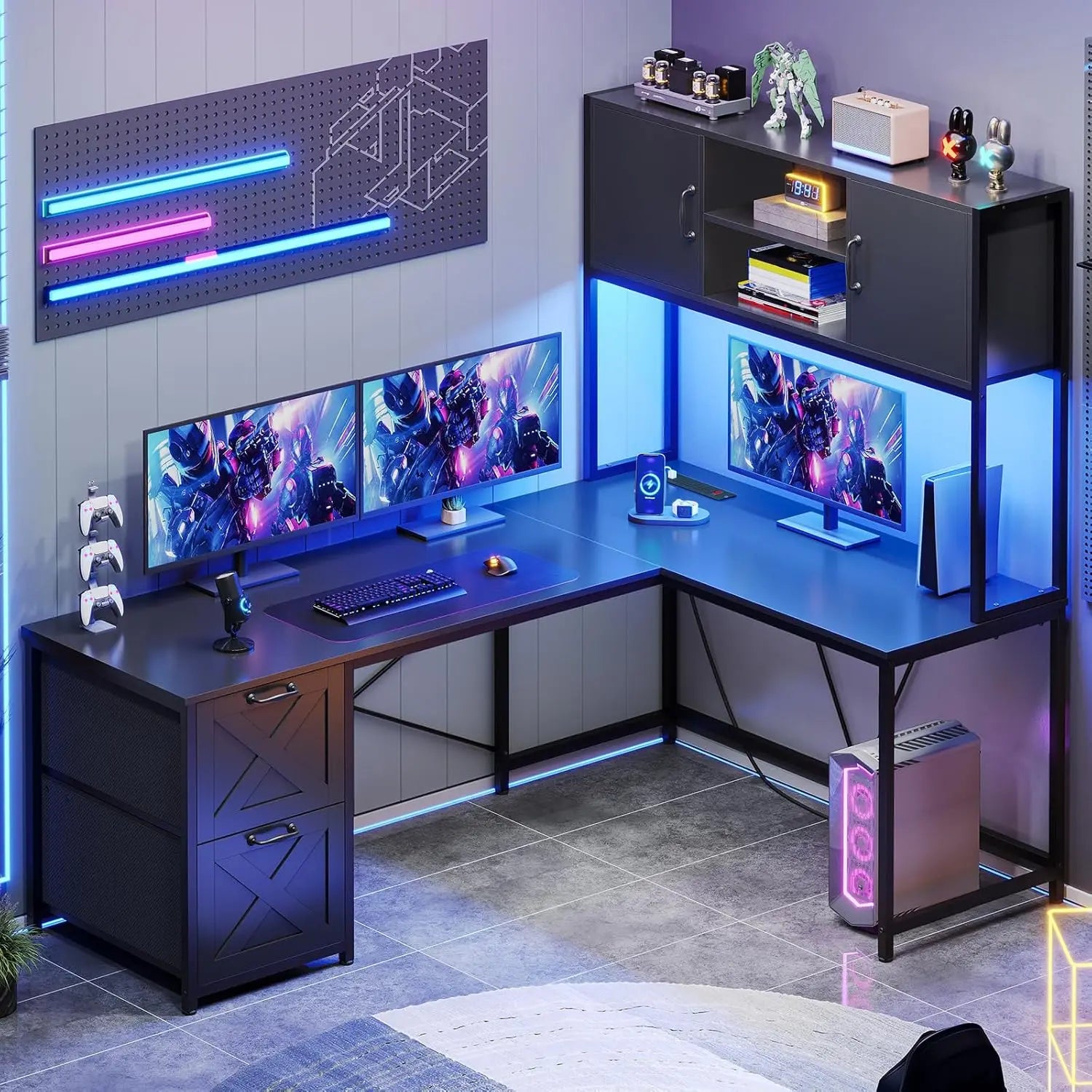Corner Computer Desk Reversible L Shaped Computer Desk with Fabric Drawers and Power Outlet Gaming Desk - United States