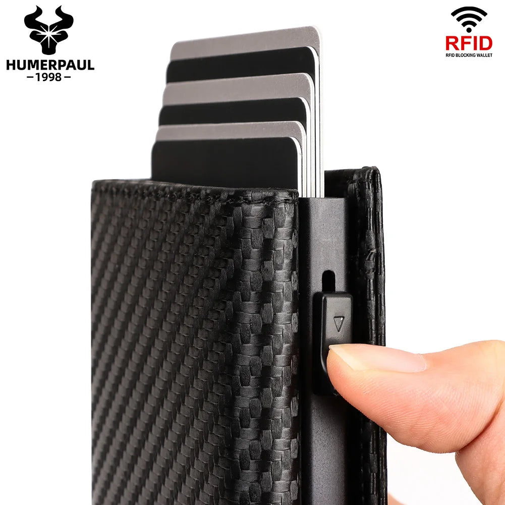 Carbon fiber Men Wallet with Aluminum Card Holder Case RFID Blocking Automatic Pop Up Cardholder Purse Business Male