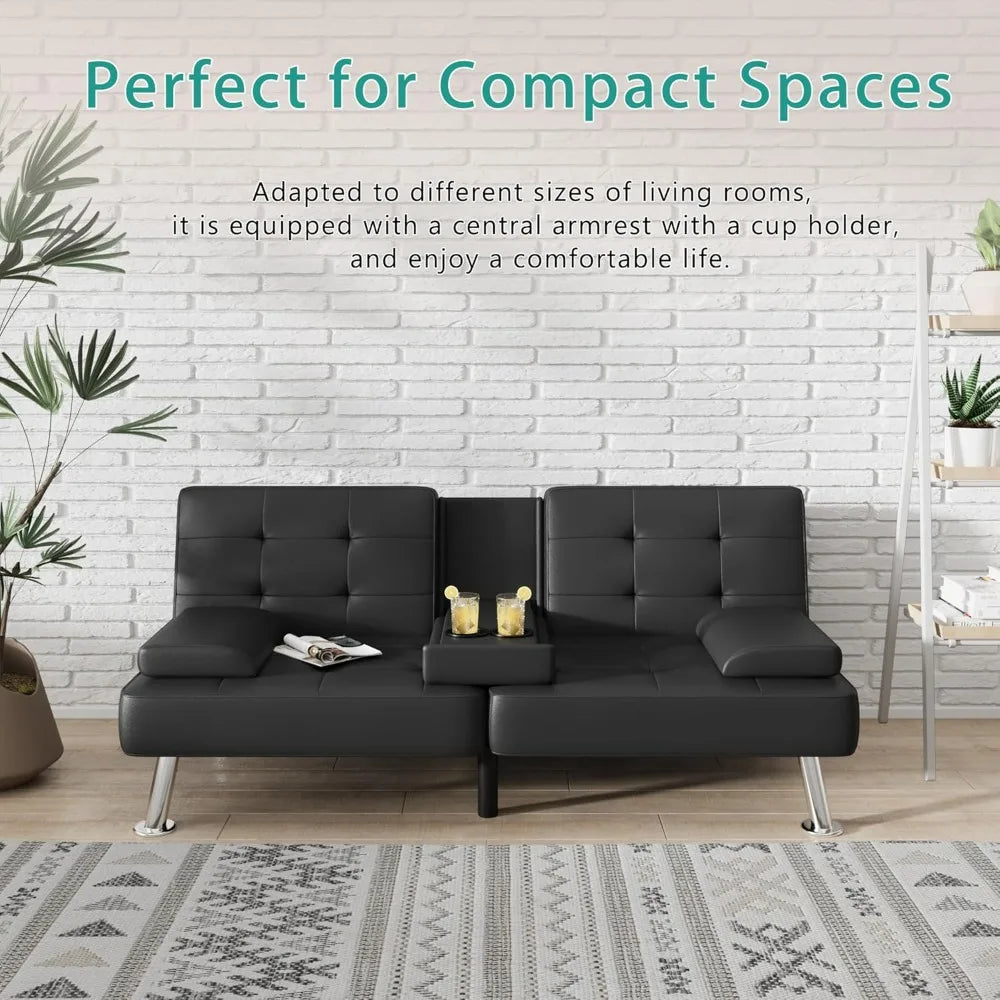 Modern Convertible Futon Sofa Bed with Folding Recliner and 2 Cup Holders for Living Room Removable Armrests - Black