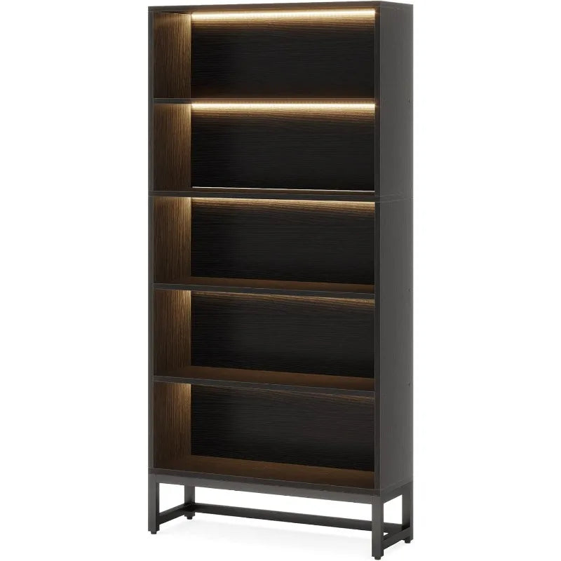 Tall Bookcase Black Bookshelf 70.8”Large Bookcases Organizer with LED Lights,Heavy Duty Free-Standing Library Bookshelf