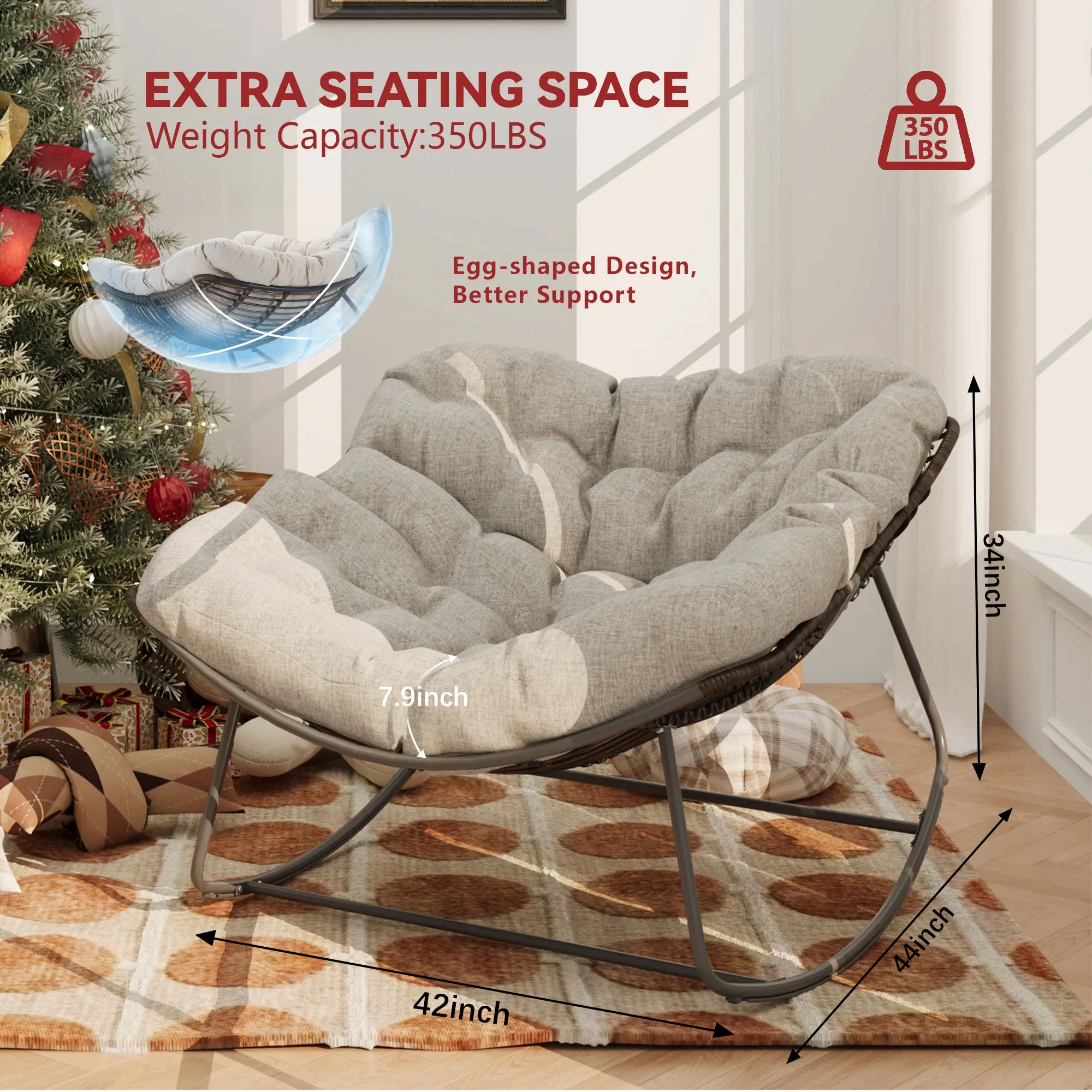 Outdoor Rocking Chair Patio Wicker Egg Chair Indoor Comfy Oversized Papasan Chair with Padded Cushion for Front Porch
