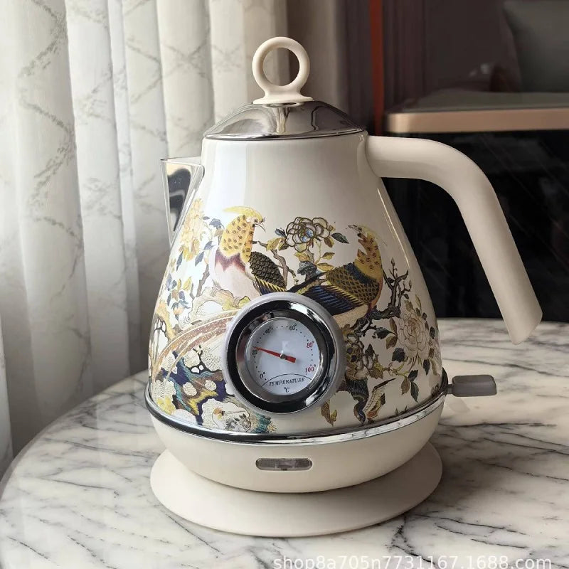 1.7L Retro Handmade Decals Electrc Kettle Boiling Water With Thermometer Automatic Power Off 304 stainless Steel Teapot