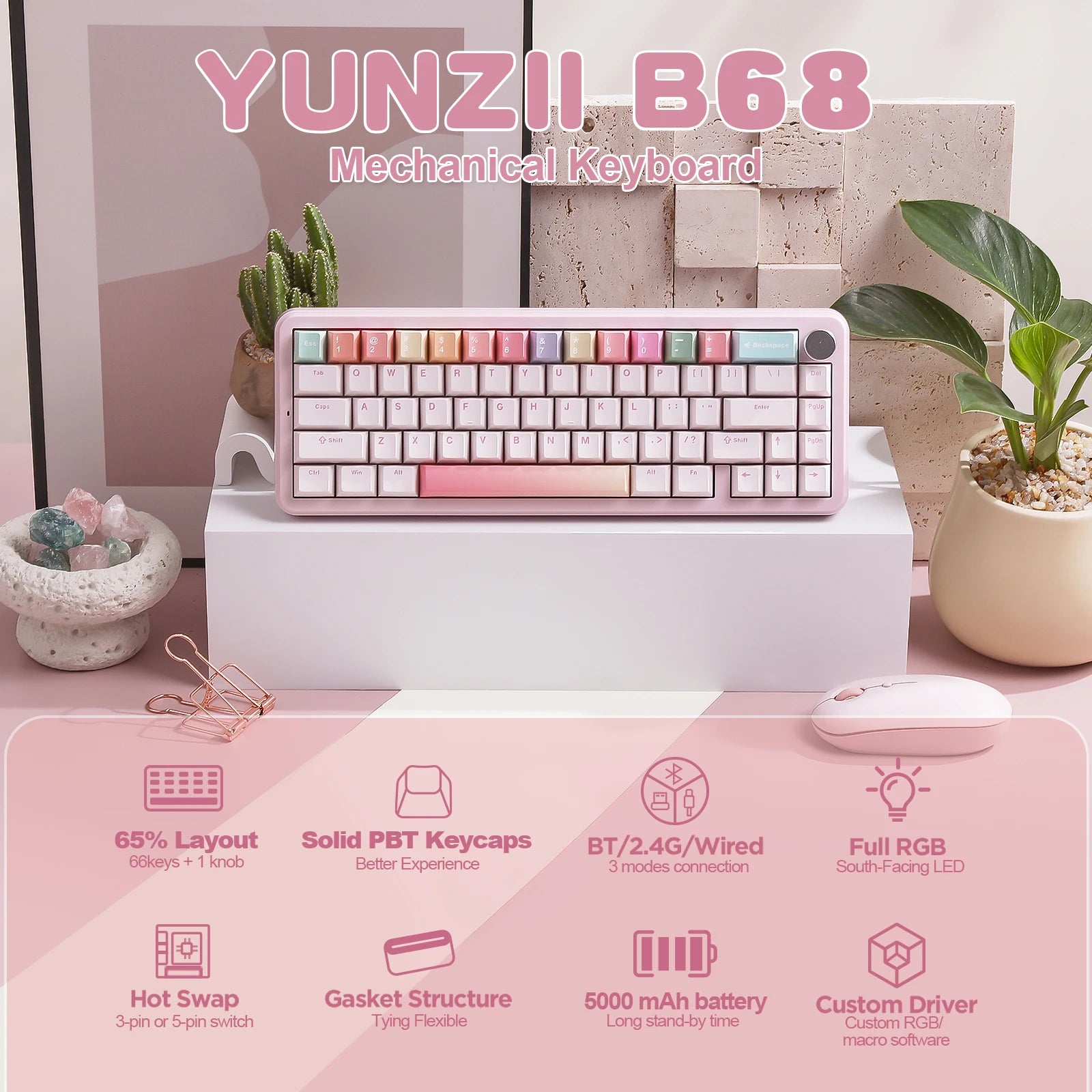 YUNZII B68 Wireless Mechanical Gaming Keyboard Tri-Mode Hot Swappable Cute Gasket Mounted Creamy Keyboard for Win/Mac,