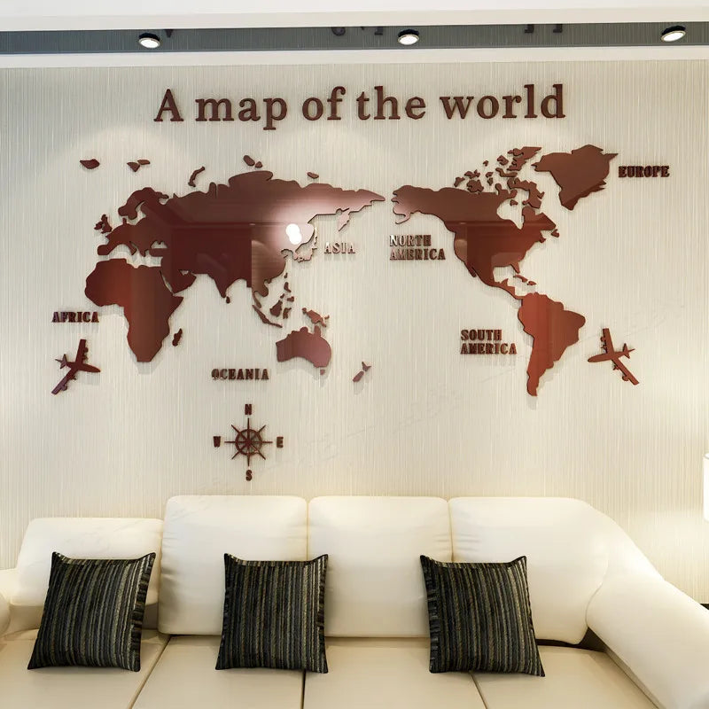 Nordic World Map Acrylic 3D Wall Decal Office Study Living Room Sofa Background Wall Decoration - Coffee / XXL