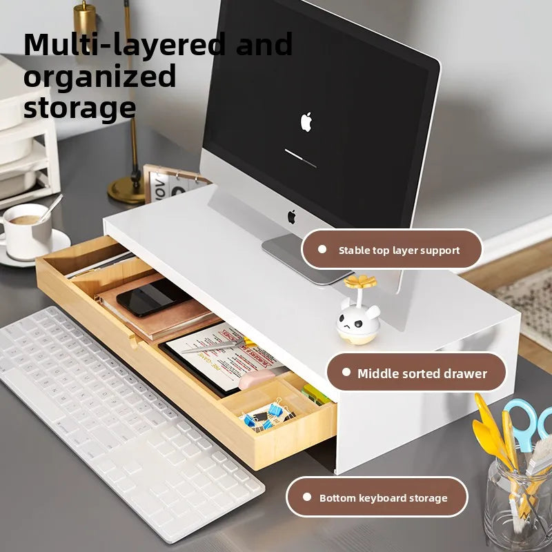 Monitor Stand Riser with Bamboo Drawer Ergonomic Desk Organizer with Storage and Cable Management White Monitor Stand