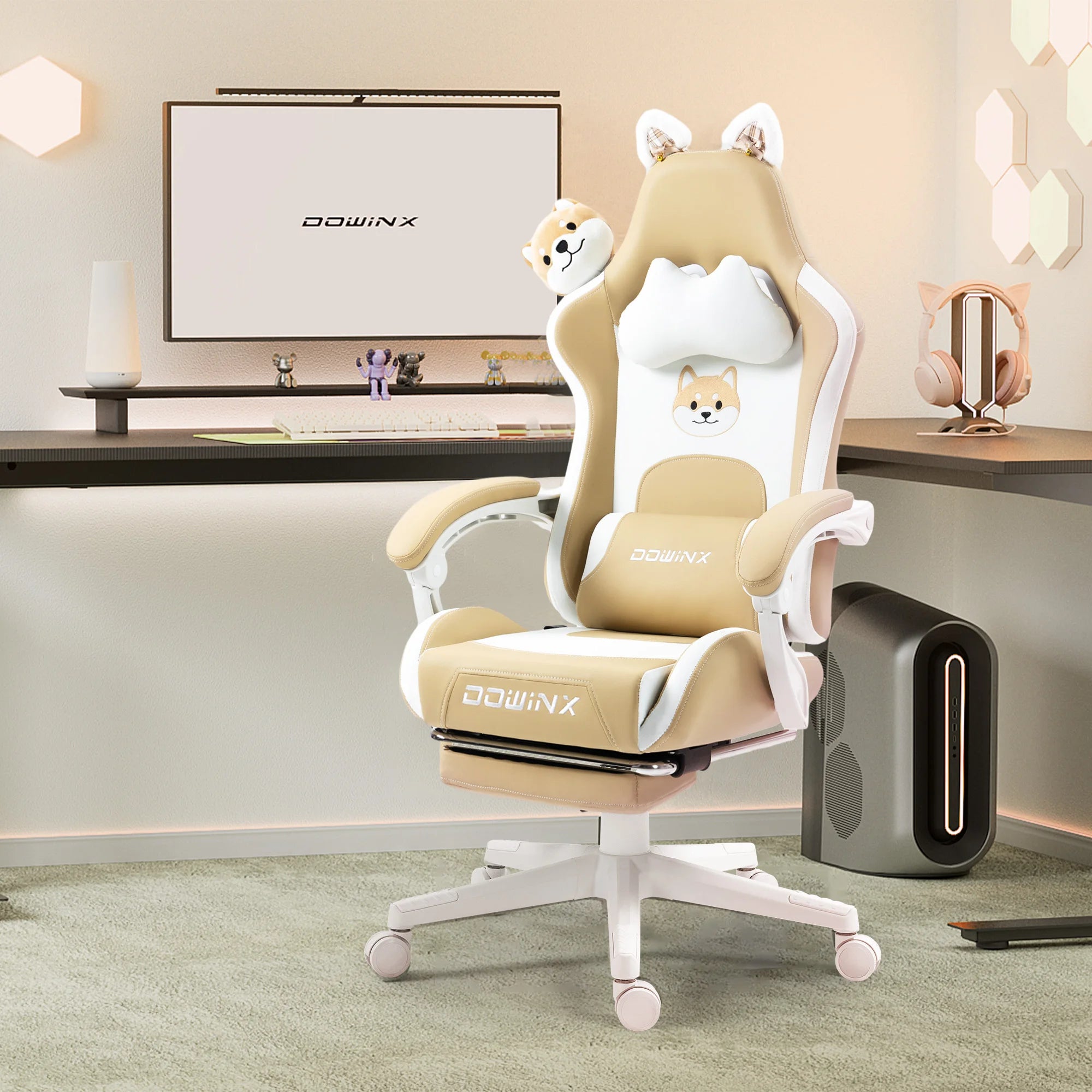 Dowinx Gaming Chair Cute with Cat Ears and Massage Lumbar Support Ergonomic Computer Chair for Girl with Footrest