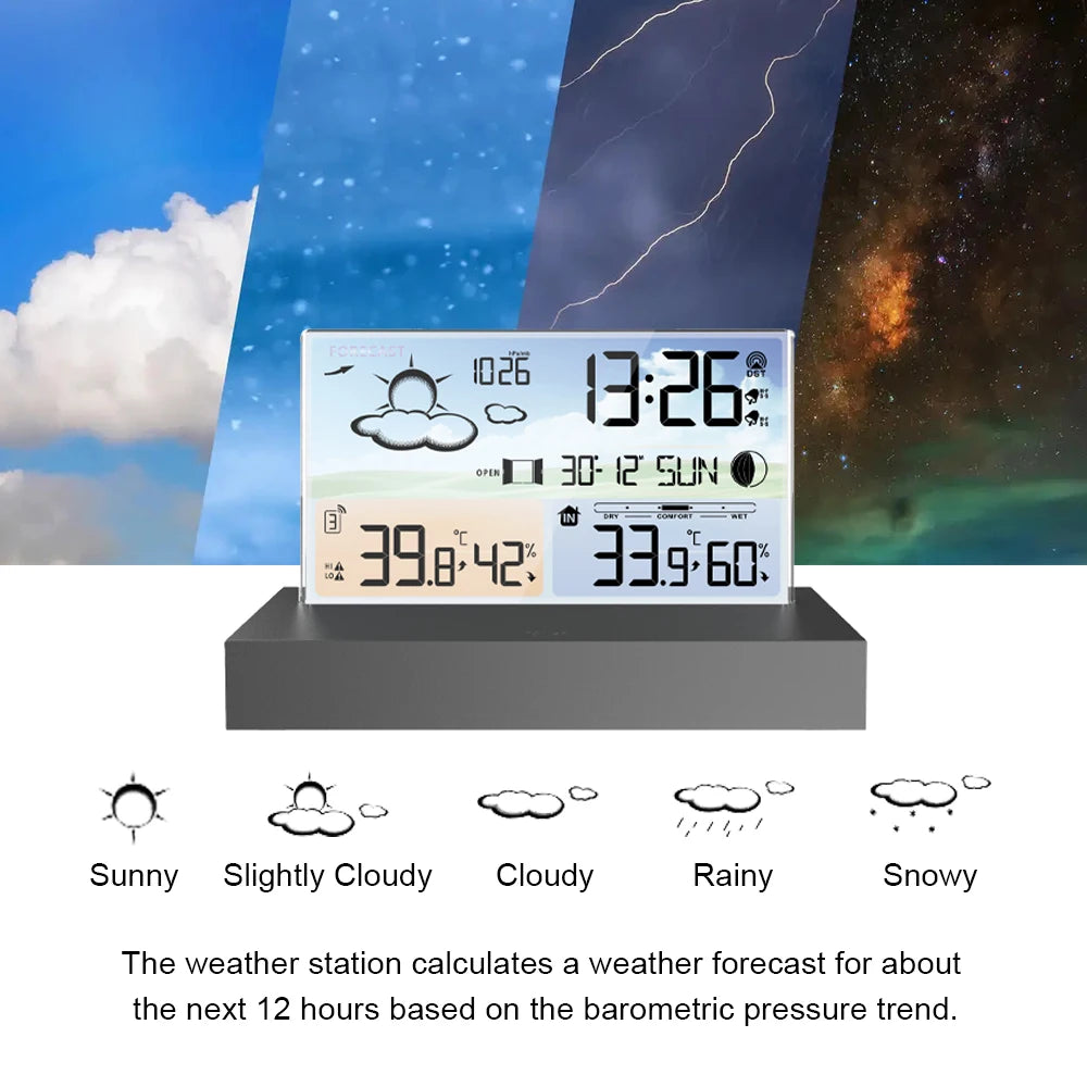Transparent Glass Weather Clock Wireless Multifunctional Weather forecast Electronic Alarm Clock Black Outdoor Sensors