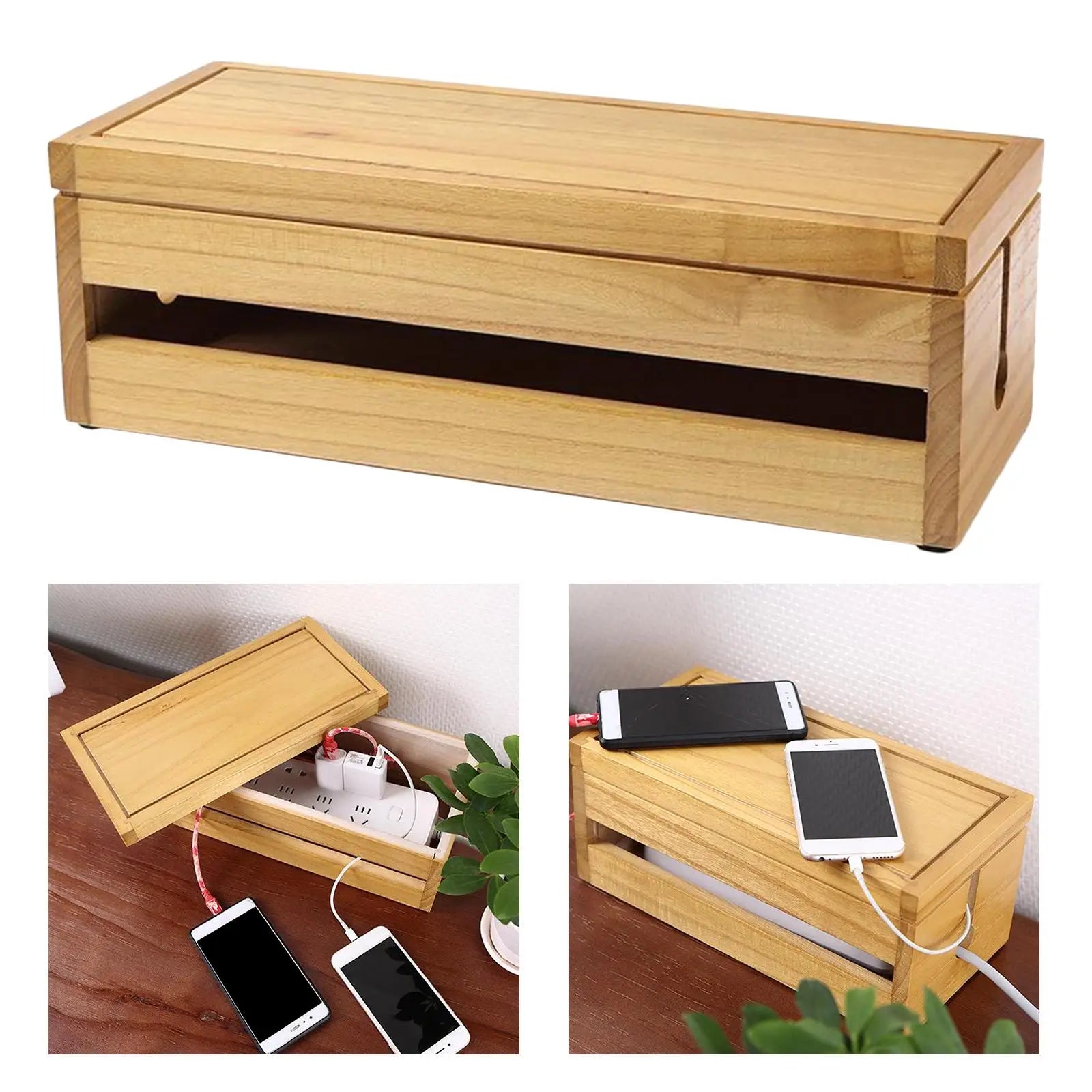 Cable Management Box 14.8x5.6x4.8 inch Wooden Case Cord Organizer for Desk TV - Light Brown