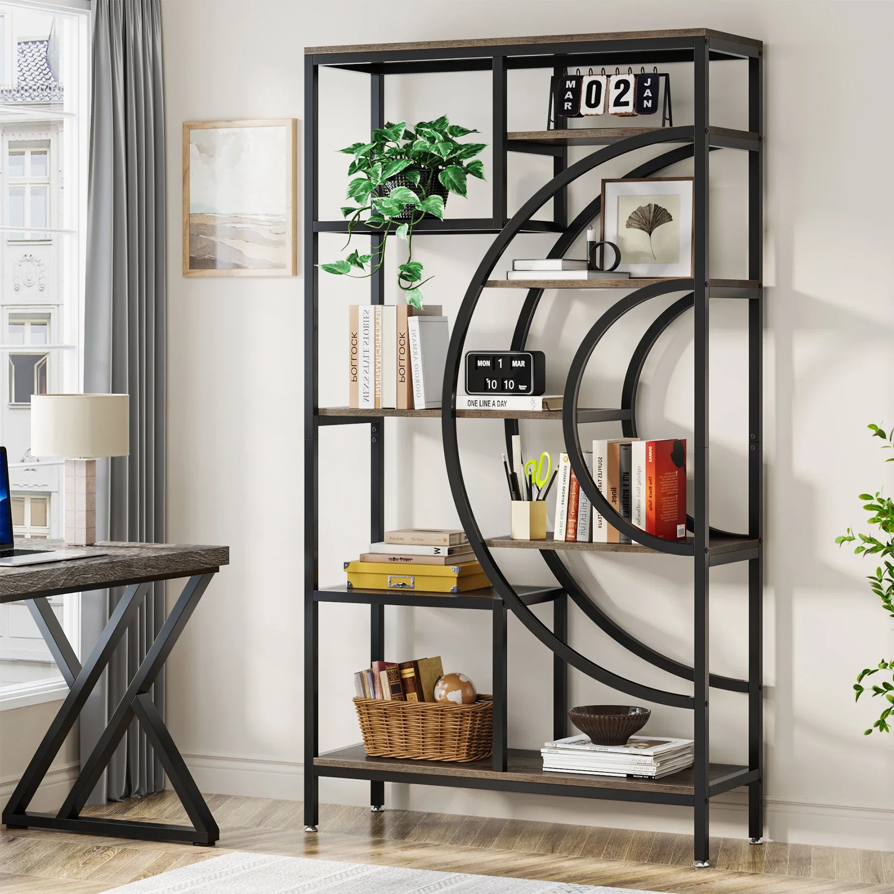Tribesigns 71 inches Geometric Bookcase 8-Tiers Bookshelves Rustic Bookcase with Metal Frame Freestanding Open Shelving
