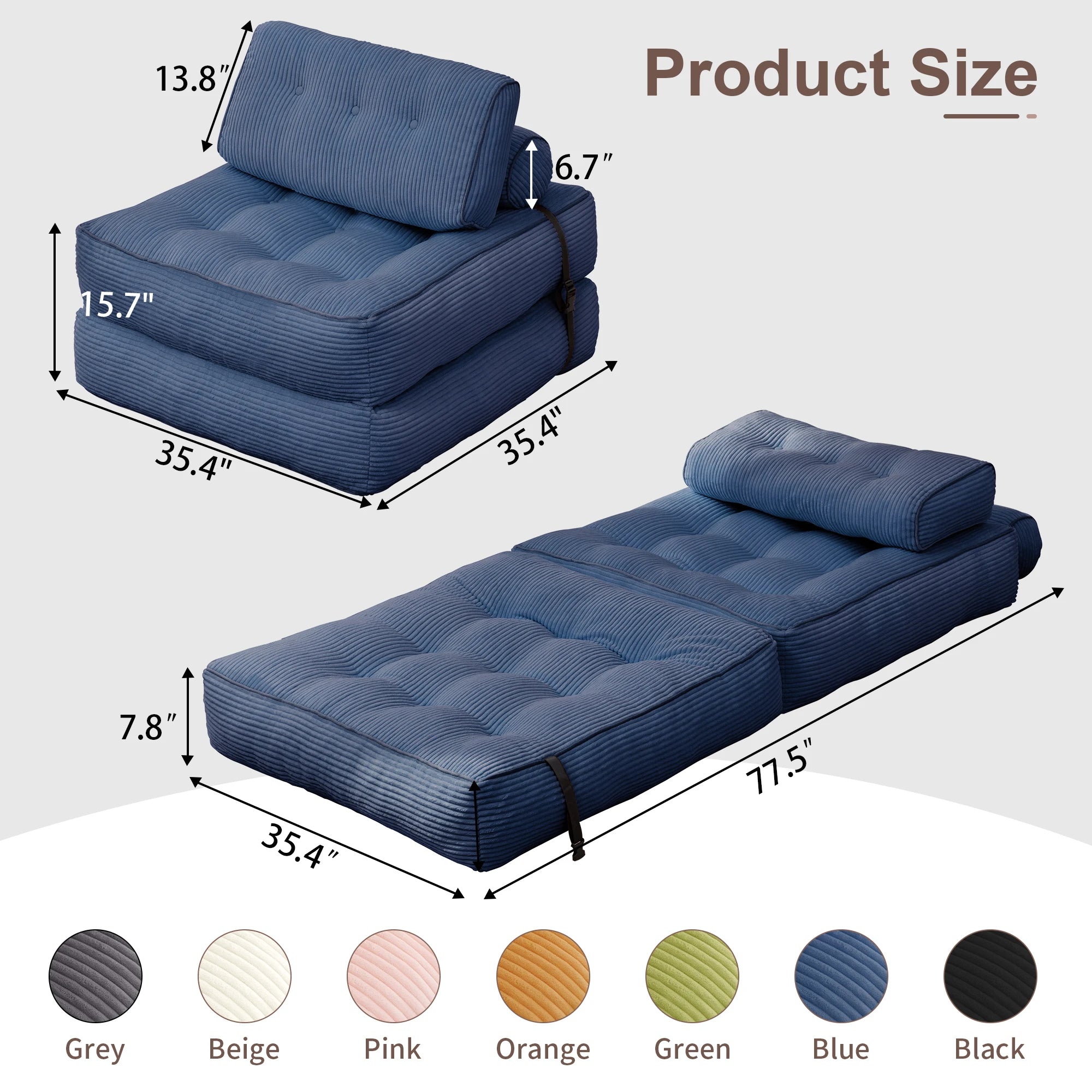 KORSER Convertible Floor Couch for Adult with Pillow Folding Sofa Bed Comfort Floor Sofa Portable Sleeper Chair