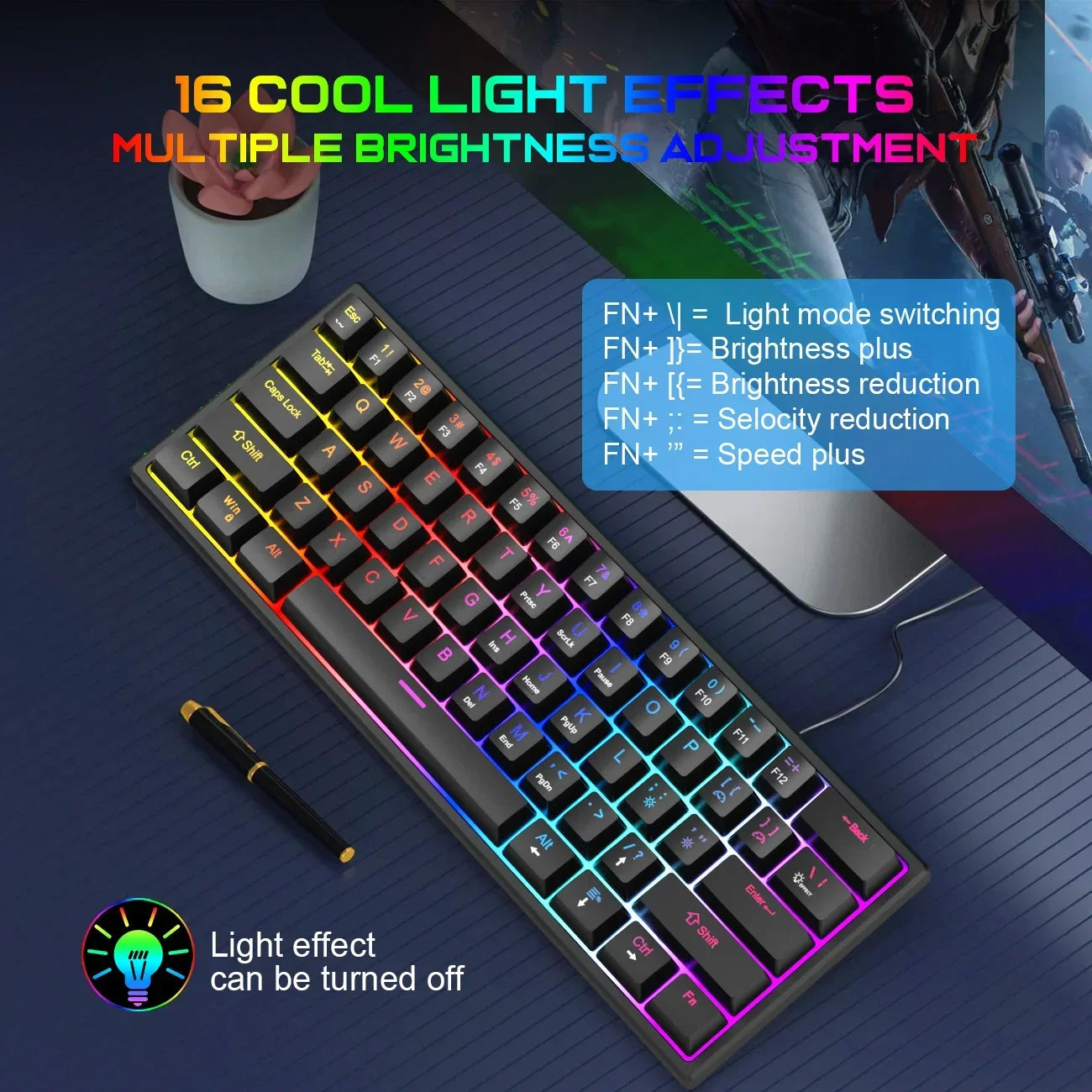 61 Keys Mechanical Keyboard Wired Gaming Keyboard for Laptop Desktop Ergonomics RGB Backlit Cyan Axis Keycaps PC