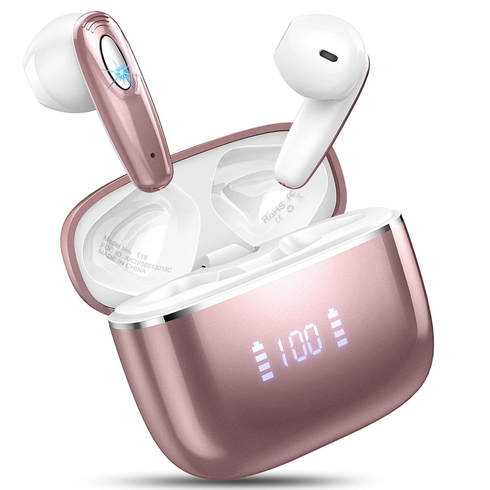 T19 Wireless Earbuds Bluetooth 5.3 4 ENC Noise Canceling Mic 40H LED Display Charging Case IP7 Waterproof in-Ear