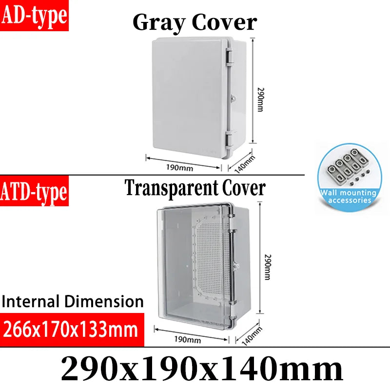 ABS plastic junction box AD type outdoor waterproof junction box - 290x190x140 / Grey cover