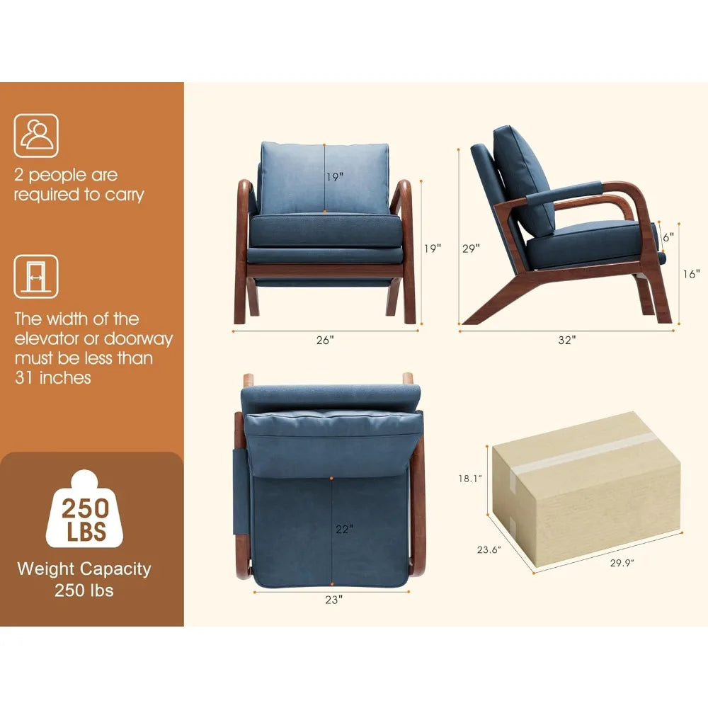 Mid Century Modern Accent Chair with Pillow & Pocket Upholstered Armchair with Solid Wood Frame & Soft Cushion