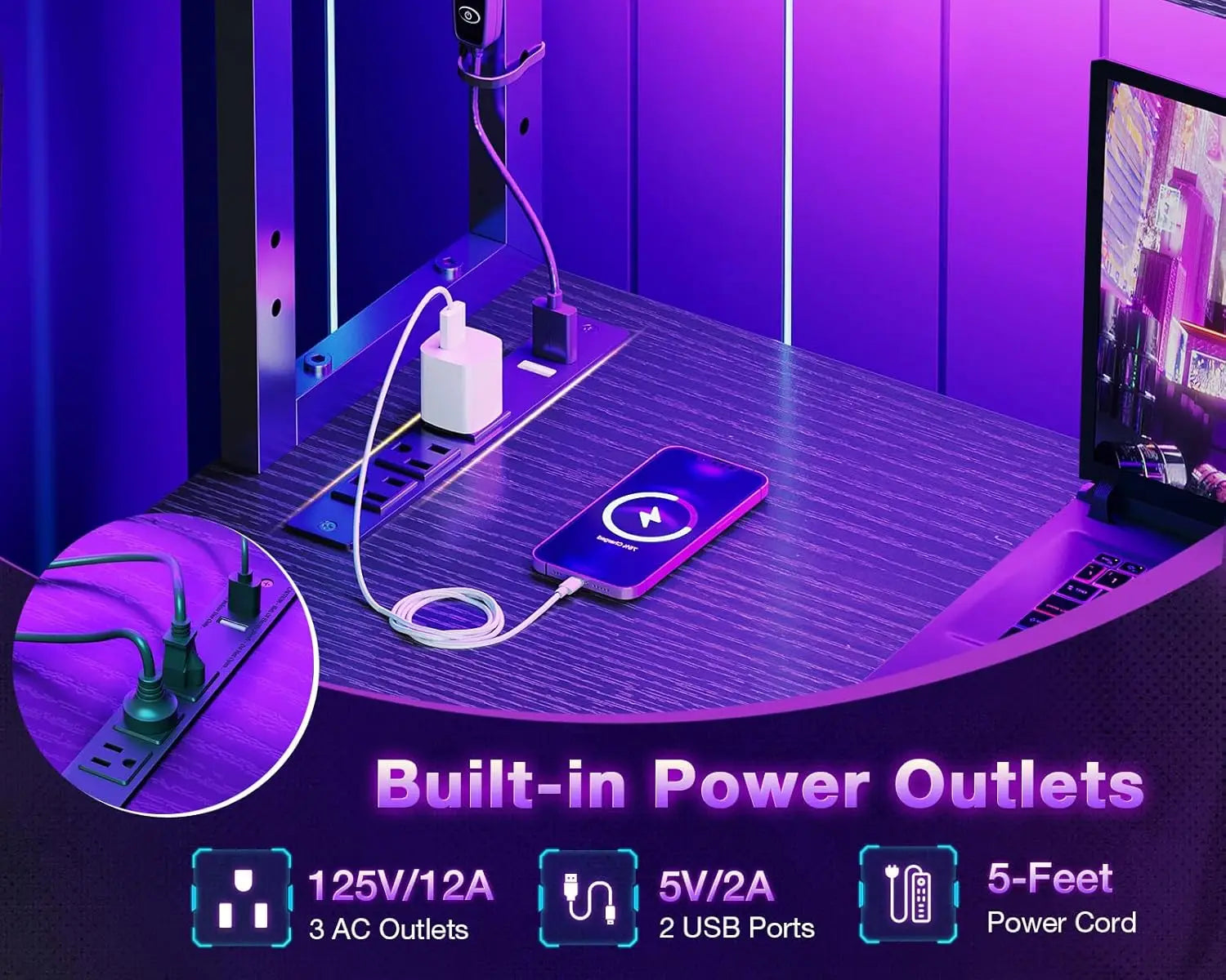 53 Inch L Shaped Desk with LED Lighting Reversible Gaming Desk with Power Outlets Cornor Computer Table with Storage